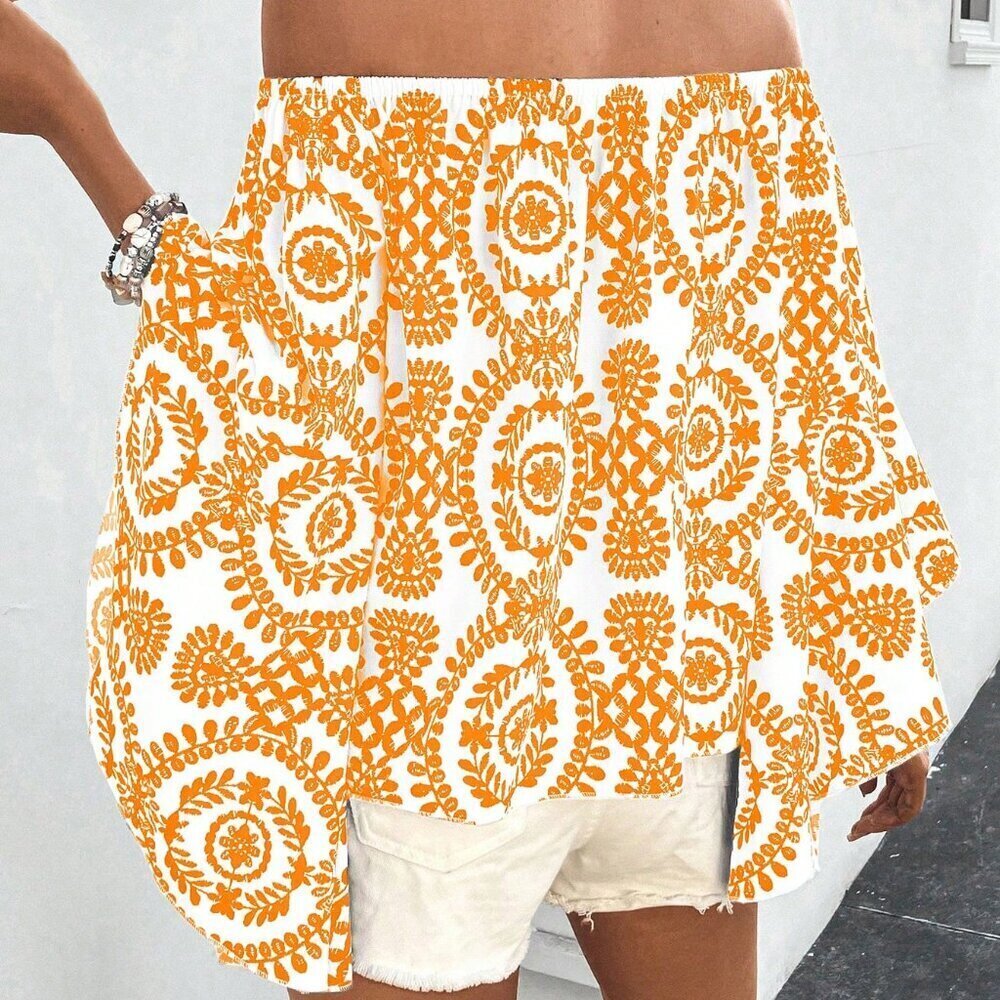 Yellow Boho Women's Holiday Leisure Vintage Printed Off Shoulder Blouse - Picture 2 of 6